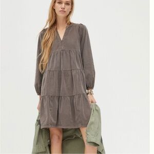 Pilcro cotton tunic corduroy tiered long sleeve dress brown size S